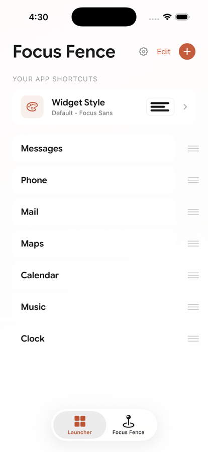 Focus Fence launcher with Messages, Phone, Mail, Maps, Calendar, Music, and Clock shortcuts.