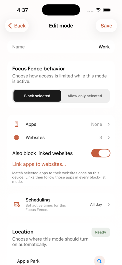 Focus Fence mode settings with website blocking, optional app-to-website links, and scheduling.