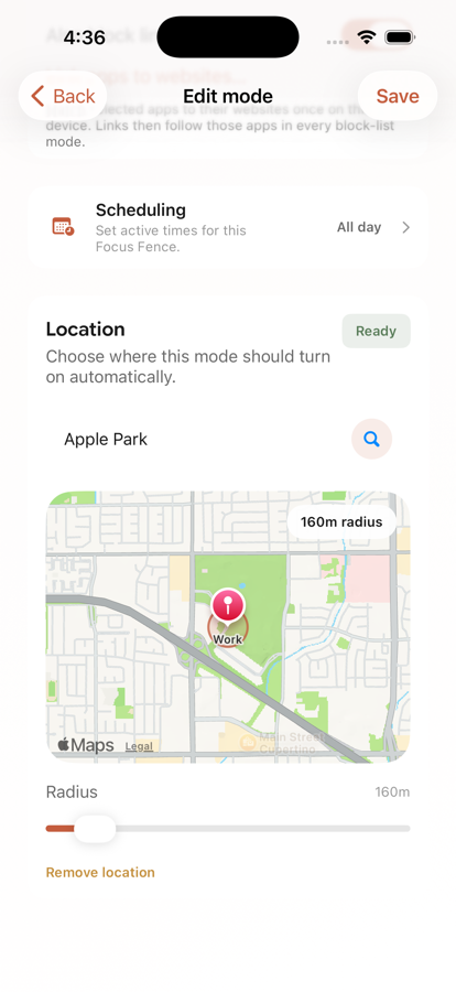 Focus Fence location settings with a map, 160-meter boundary, and radius slider.