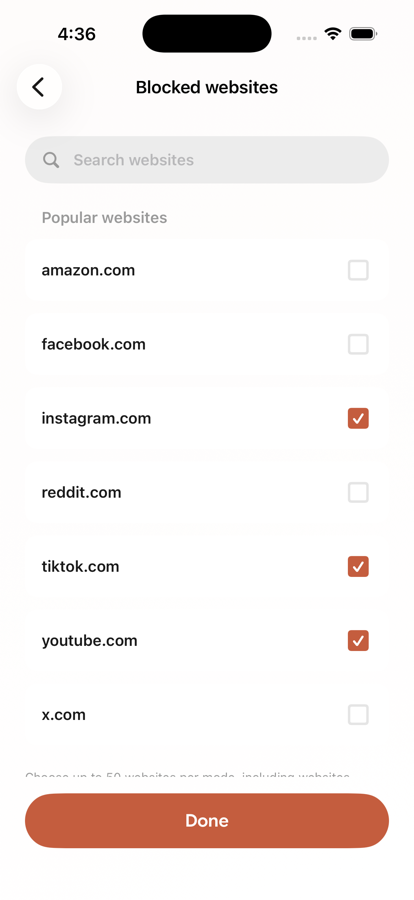Focus Fence website selection with Instagram, TikTok, and YouTube selected for blocking.